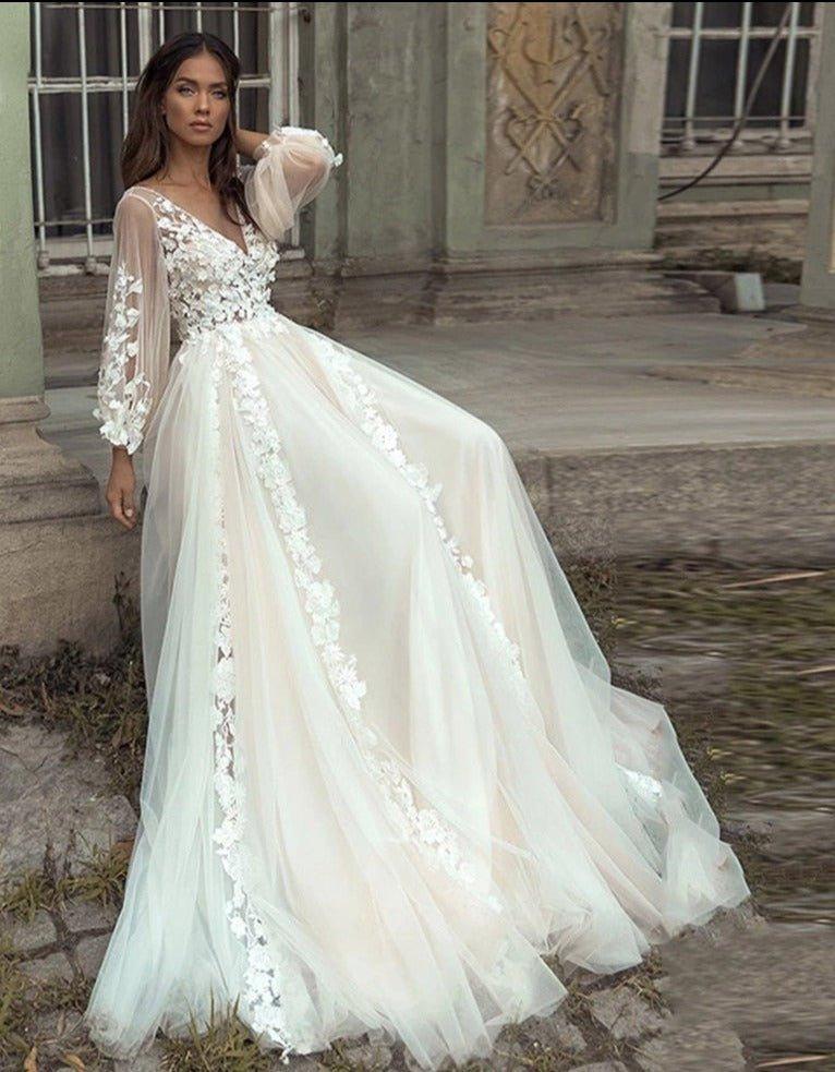 RODDRSYA Beach Wedding Dresses Lace Puff Sleeves Bridal Gowns