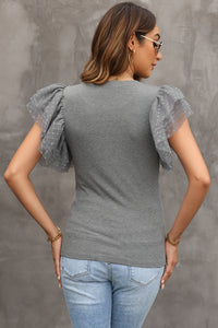 Ruffle Sleeve Top | Gray Dotty Mesh Ribbed Knit Top