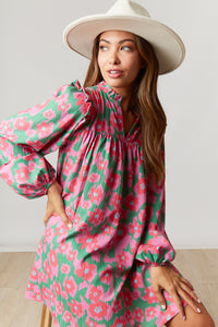 Pink Split V Neck Bubble Sleeve Loose Floral Dress | Dresses/Floral Dresses