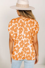 Load image into Gallery viewer, Orange Satin Floral Puff Sleeve Tied Split Neck Top | Tops/Tops &amp; Tees
