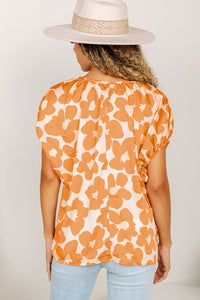 Orange Satin Floral Puff Sleeve Tied Split Neck Top | Tops/Tops & Tees