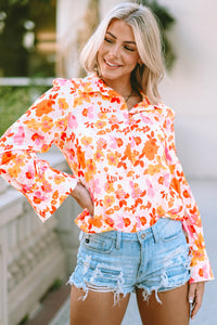 Orange Floral Bishop Sleeve Button Up Shirt | Tops/Blouses & Shirts