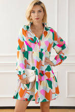 Load image into Gallery viewer, Multicolour Geometric Print Stand Neck Balloon Sleeve Ruffled Dress
