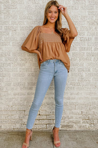 Brown Square Neck Wide Sleeves Flowy Top | Tops/Blouses & Shirts