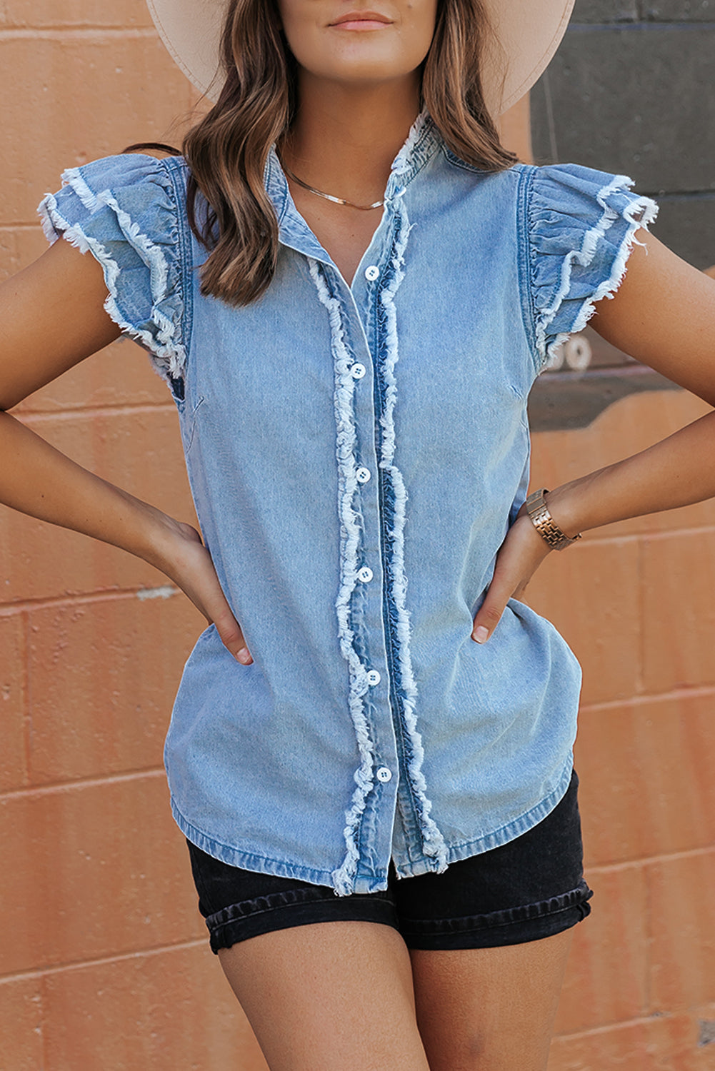 Denim Top | Raw Hem Button Up Cap Sleeve Blouse