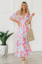 Load image into Gallery viewer, Multicolor Tropical Floral Print Ruched V Neck Maxi Dress | Dresses/Floral Dresses
