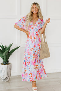 Multicolor Tropical Floral Print Ruched V Neck Maxi Dress | Dresses/Floral Dresses