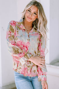 Pink All Floral Puff Sleeve Collared Shirt | Tops/Blouses & Shirts