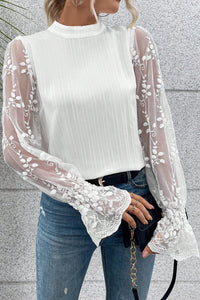 White Lace Sleeve Top | Contrast Lace Mock Neck Blouse