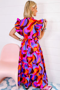 Multicolour Plus Abstract Print Ruffled Mock Neck Tiered Maxi Dress | Plus Size/Plus Size Dresses/Plus Size Maxi Dresses