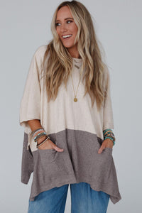 Split Side Poncho | Pale Khaki Color Block Ribbed Knit