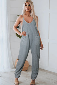 Gray Jumpsuit | Gray Waffle Knit Spaghetti Straps Loose Fit