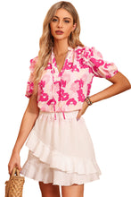 Load image into Gallery viewer, Pink Split Neck Ruffled Puff Sleeves Floral Top | Tops/Tops &amp; Tees
