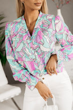 Load image into Gallery viewer, Floral Print Top | Purple Ruffle Lapel V Neck Shirt
