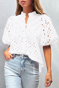 White Flower Embroidered Hollow-out Puff Sleeve Blouse | Tops/Blouses & Shirts