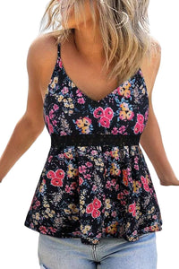 Black Lace Contrast Floral Peplum Tank Top | Tops/Tank Tops