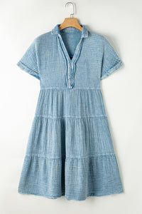 Beau Blue Mineral Wash Crinkle Split Neck Raw Hem Tiered Dress | Dresses/Mini Dresses