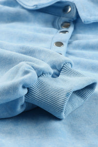 Sky Blue Washed Snap Buttons Lantern Sleeve Pullover Sweatshirt | Tops/Sweatshirts & Hoodies