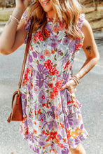 Load image into Gallery viewer, Purple White Ruffled Tank Floral Dress | Dresses/Floral Dresses
