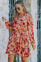 Load image into Gallery viewer, Fiery Red Frilled Collar Long Sleeve Floral Dress with Ruffle | Dresses/Floral Dresses
