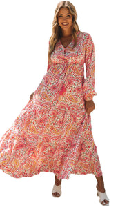 Orange Boho Holiday Paisley Print Tiered Long Sleeve Maxi Dress | Dresses/Maxi Dresses