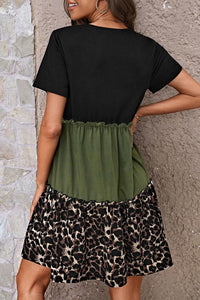 Jungle Green Leopard Print Colorblock Frill Trim T-shirt Dress | Dresses/T Shirt Dresses