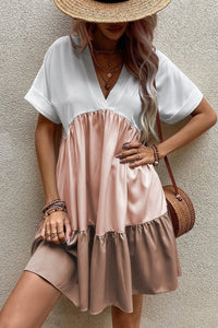 Tiered Loose Dress | Light French Beige Triple Colors V Neck Dress