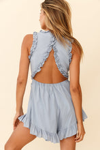 Load image into Gallery viewer, Sky Blue Frill Trim Cutout Back Sleeveless Romper | Bottoms/Jumpsuits &amp; Rompers
