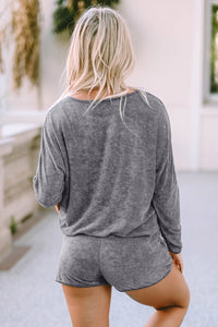 Shorts Lounge Set | Gray Long Sleeve Top and Drawstring