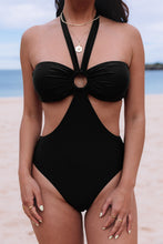 Load image into Gallery viewer, Black Halter O-ring Ruched Bust One Piece Swimsuit | Swimwear/One Piece Swimsuit
