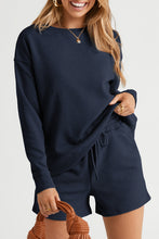 Load image into Gallery viewer, Drawstring Shorts Set | Navy Blue Textured Long Sleeve Top
