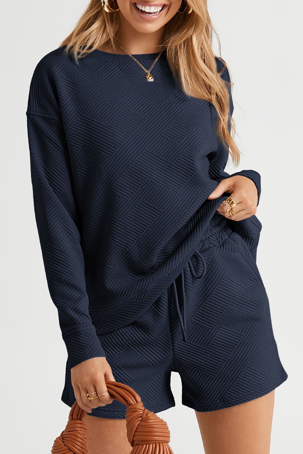 Drawstring Shorts Set | Navy Blue Textured Long Sleeve Top