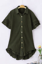 Load image into Gallery viewer, Pleated Shirt Dress | Green High-Low Hem Ruffle Sleeve Dress
