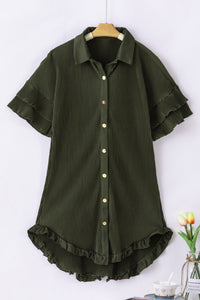 Pleated Shirt Dress | Green High-Low Hem Ruffle Sleeve Dress