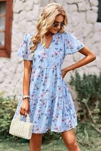 Mini Dress | Floral Notched Flutter Sleeve Mini Dress