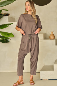 Crop Pants Set | Taupe High Low Boxy Fit Tee and Pants