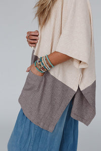 Split Side Poncho | Pale Khaki Color Block Ribbed Knit