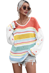 Multicolor Hollow Striped Knit Contrast Sleeve Sweater | Tops/Sweaters & Cardigans