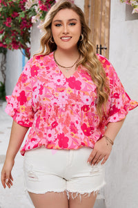 Rose Floral Print Ruffled Half Sleeve Plus Size Babydoll Blouse | Plus Size/Plus Size Tops/Plus Size Blouses & Shirts