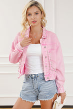 Load image into Gallery viewer, Womens Denim Jacket | Pink Rivet Studded Pocketed Denim Jacket | Outerwear/Denim jackets
