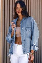 Load image into Gallery viewer, Sky Blue Roll-Up Tab Sleeve Button Down Pocket Denim Jacket | Outerwear/Denim jackets
