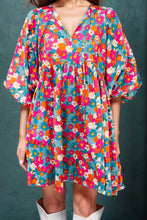 Load image into Gallery viewer, Womens Mini Dress-Floral Tie Neck Puff Sleeve Mini Dress | Dress
