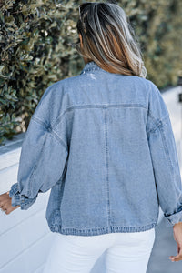 Sky Blue Roll-Up Tab Sleeve Button Down Pocket Denim Jacket | Outerwear/Denim jackets