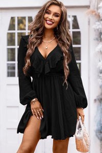 Mini Dress | Black Textured Ruffled V Neck High Waist