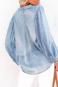 Sky Blue Split V-Neck Balloon Sleeve Ruched Denim Top | Tops/Blouses & Shirts