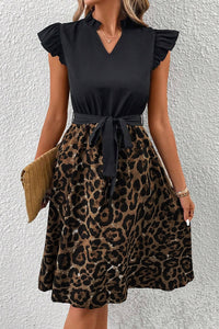 Leopard Print Dress | Black Flutter Sleeve Bodice Splicing