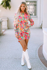 Long Sleeve Shirt Dress | Multi-Color Geometric Abstract Print