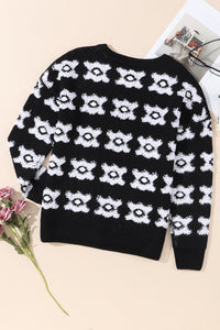 White Printed Retro Flower Pattern Knit Fuzzy Sweater | Tops/Sweaters & Cardigans