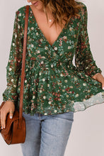 Load image into Gallery viewer, Green Floral Print Wrap V Neck Peplum Top | Tops/Blouses &amp; Shirts
