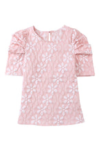 Load image into Gallery viewer, Pink Floral Lace Ruched Bubble Sleeve Top | Tops/Tops &amp; Tees
